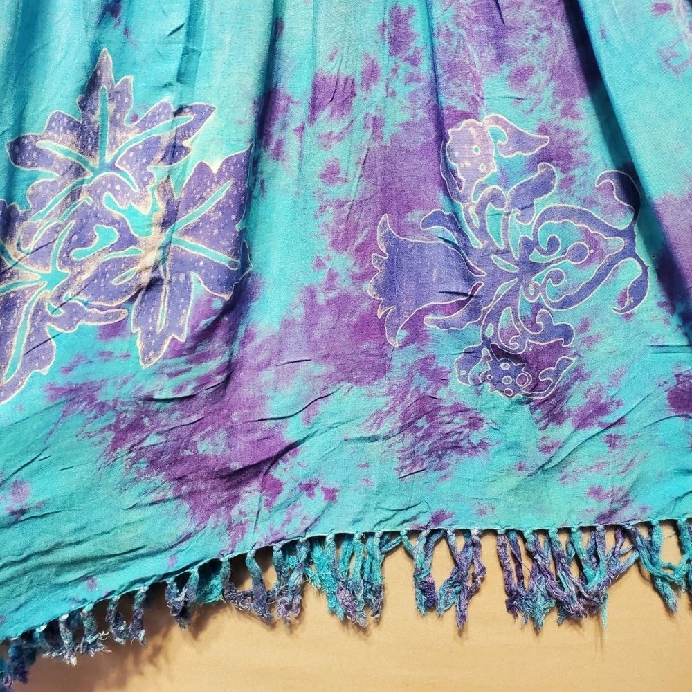 VTG 90s Bali Batiks Dress Womens Small Blue Purple Batik Fringe‎ Festival Beach - Picture 7 of 12